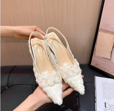 Women's French Style Lace Flower Closed Toe Sandals 2025 Summer New Pointed Toe Backless Slim High Heel Mule Sandals