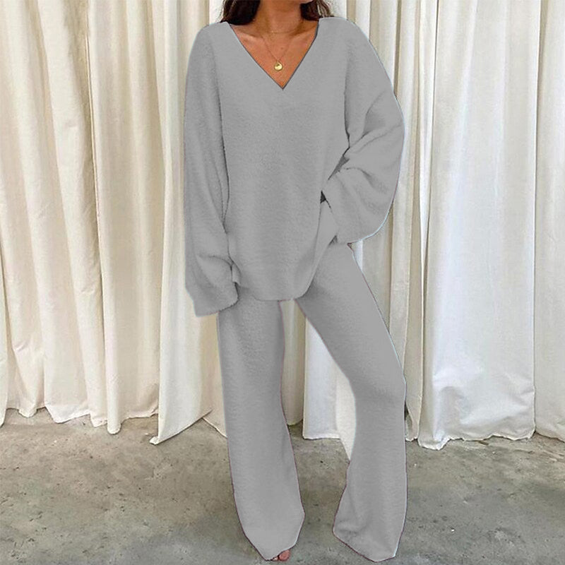 2026 European And American Independent Site European Winter Comfort Solid V-Neck Casual Daily Home Warm Two-Piece Set