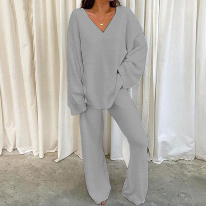 2026 European And American Independent Site European Winter Comfort Solid V-Neck Casual Daily Home Warm Two-Piece Set