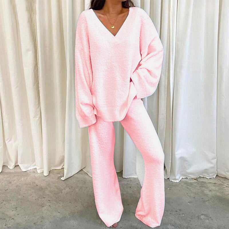 2026 European And American Independent Site European Winter Comfort Solid V-Neck Casual Daily Home Warm Two-Piece Set