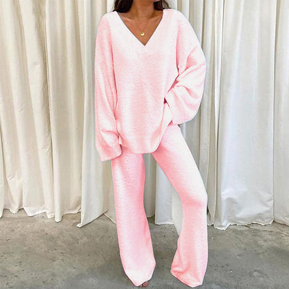 2026 European And American Independent Site European Winter Comfort Solid V-Neck Casual Daily Home Warm Two-Piece Set